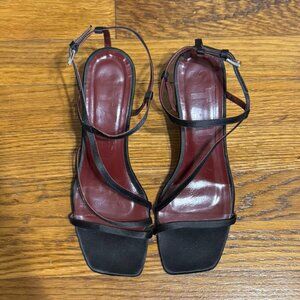 Staud Gita Kitten Heel Asymmetrical Strap Sandals Black Satin Sz 39